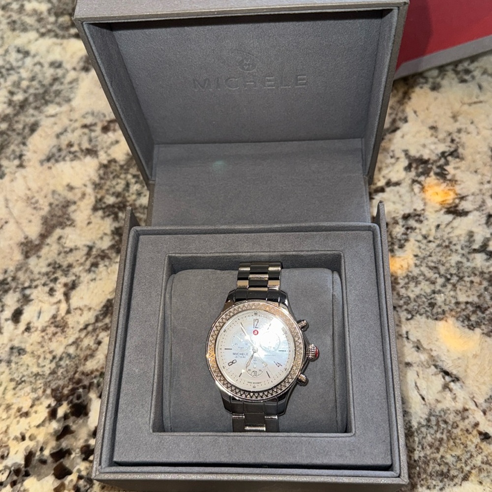 Michele silver watch with diamond crust